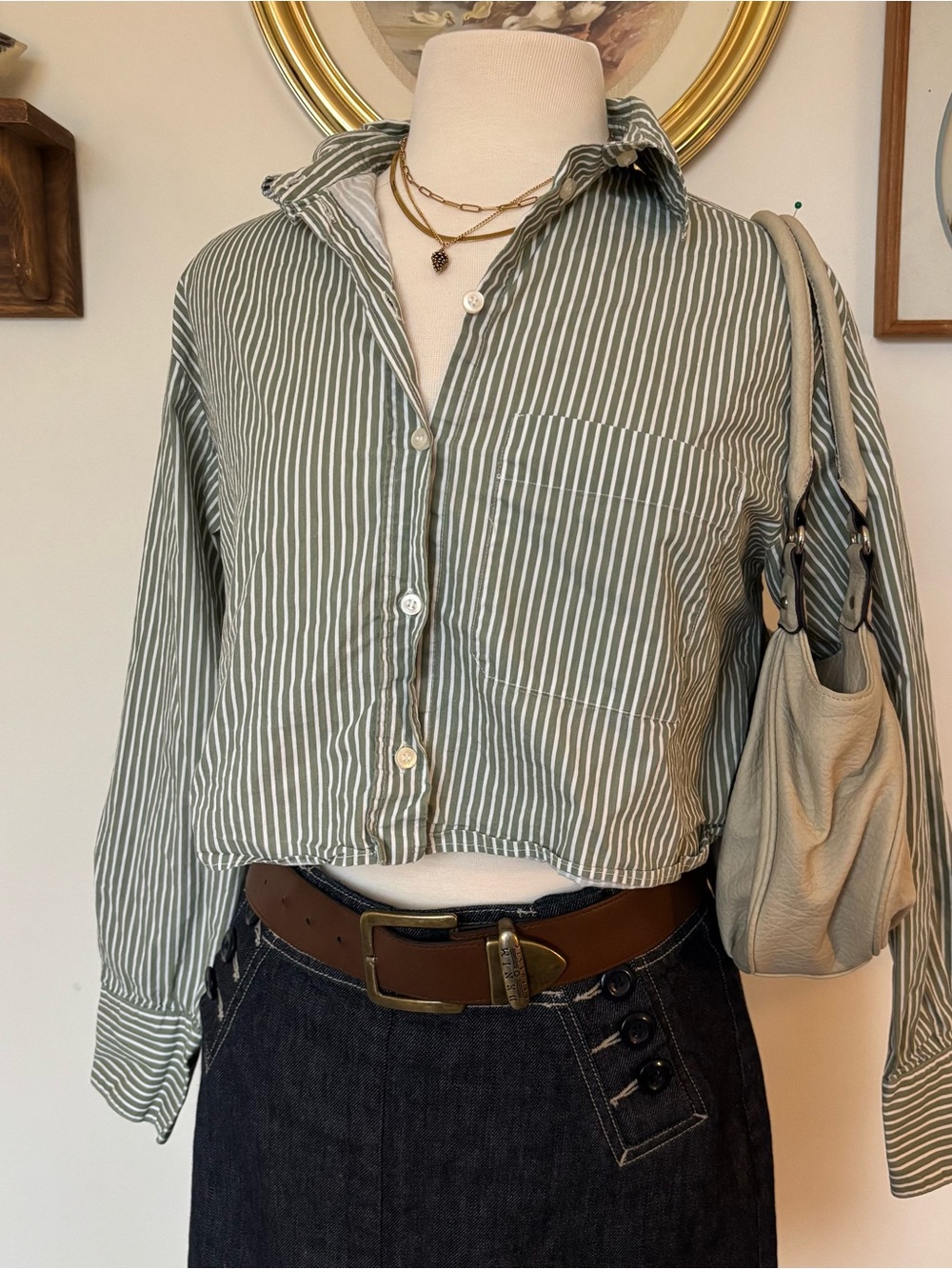 Zara Green and White Striped Cropped Button-Down Shirt